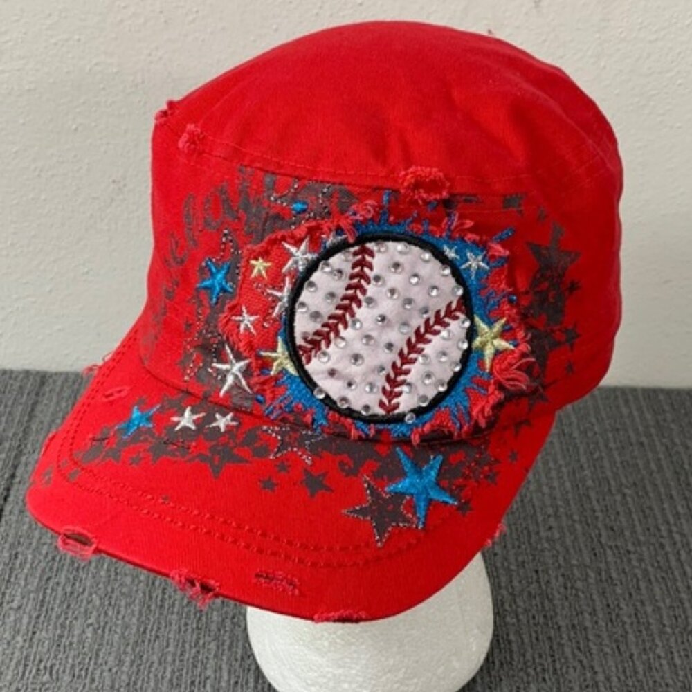Baseball Cadet Hat Womens OS Red Distressed Embroidered Rhinestone Leader Loga